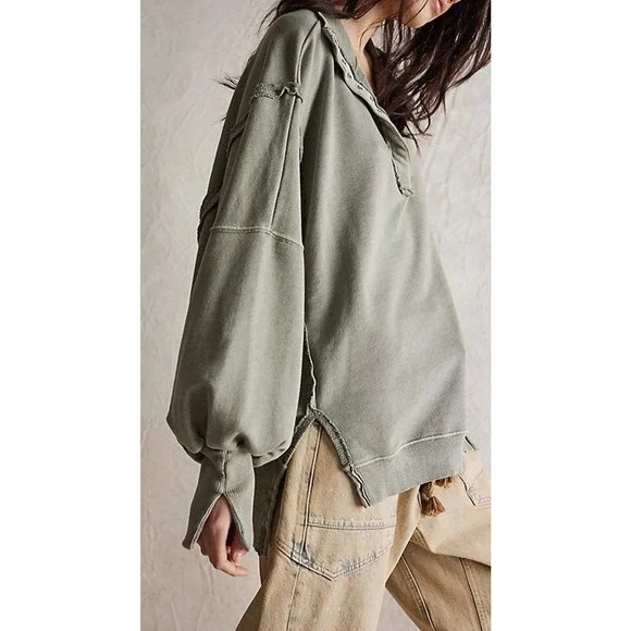 We The Free People Camden Henley Long Sleeve Sweatshirt XS Slouchy Boho Grunge - Picture 6 of 15